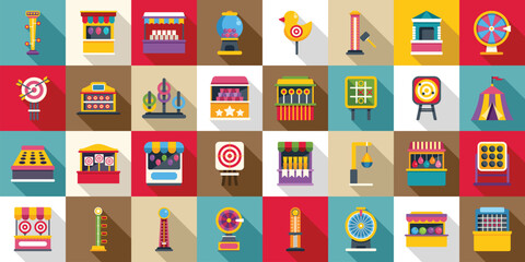 Carnival game icons set. Colorful icons representing various carnival games and attractions, creating a festive and playful atmosphere