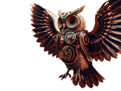 A steampunk owl with brass gears.