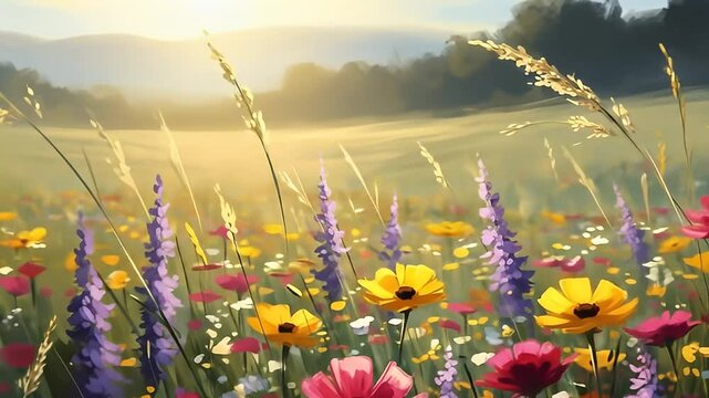 Vibrant Wildflowers Meadow Painting at Sunset Field Landscape