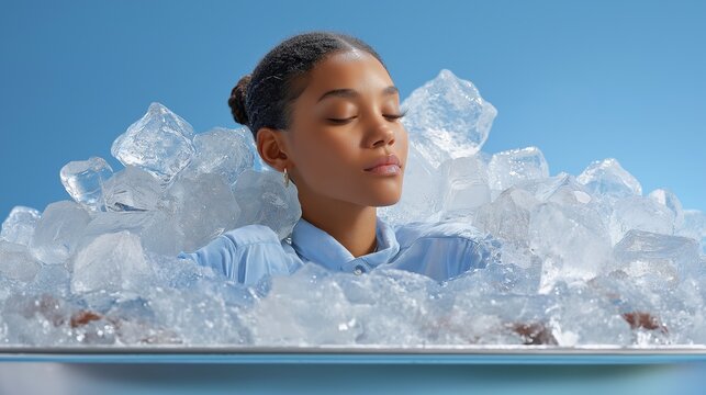 Young Black woman surrounded by ice, eyes closed, serene expression. Cool blues.
