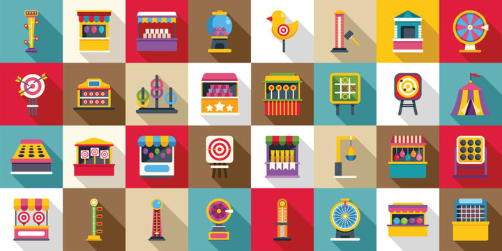 Carnival game icons set. Colorful icons representing various carnival games and attractions, creating a festive and playful atmosphere