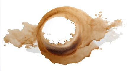 Abstract coffee stain on white background. Brown, beige, and white tones.