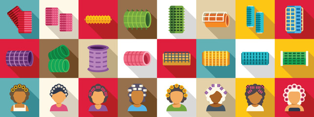 Hair rollers icons set. Colorful collection of various hair rollers and women with rollers in their hair, showcasing different types and styles used for hairdressing and styling