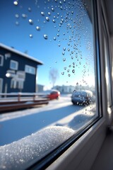 Snowy winter scene through a frosted window