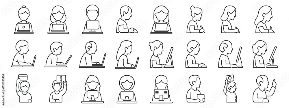 Aufkleber workforce productivity icons set. line icons of people working with laptops and computers, represent