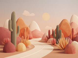 Minimalist desert highway at dusk surrounded by  botanical structures mimicking native cacti, pastel earth tone palette with soft orange, terracotta, and pale olive gradients. 