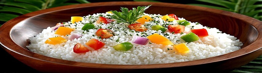 Colorful rice dish in wooden bowl