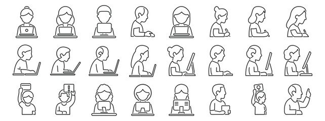 Workforce productivity icons set. Line icons of people working with laptops and computers, representing various work activities