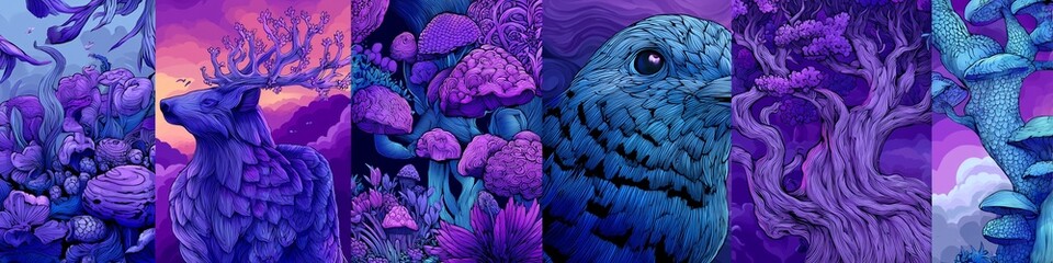 Vibrant purple and blue fantasy art collage featuring a deer, bird, mushrooms, and trees.