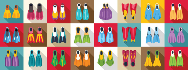 Scuba flippers icons set. Collection of colorful flippers showcasing diverse designs for diving and snorkeling activities © anatolir