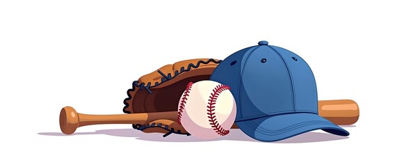 Baseball Gear Still Life Glove Bat Ball and Blue Cap on White Background Sports Cartoon Illustration