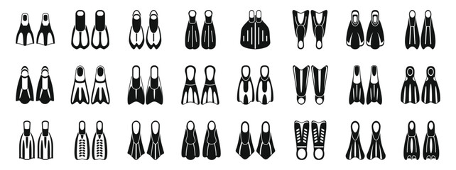 Scuba flippers icons set. Black flippers set featuring various designs for underwater activities, offering choices for divers and swimmers © anatolir