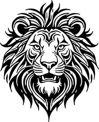 Obraz premium Roaring lion head, bold tribal outline, high contrast silhouette suitable for tattoos and vinyl cutting