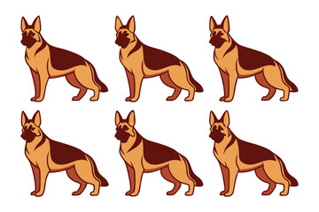 Six German Shepherd Dogs Brown Tan Vector Set canine