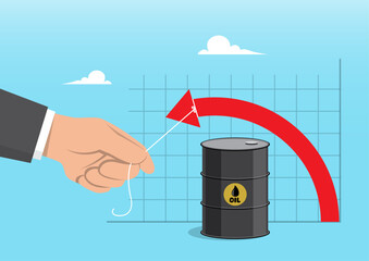 A hand pulling a red downward arrow over an oil barrel