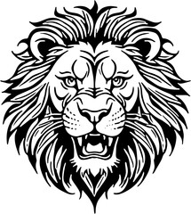 Obraz premium Roaring lion head, bold tribal outline, high contrast silhouette suitable for tattoos and vinyl cutting