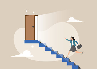 A businesswoman climbing blue stairs towards an open, illuminated wooden door