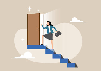 A businesswoman taking a decisive step onto the threshold of an open wooden door