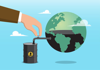 A large human hand extracting oil directly from the Earth