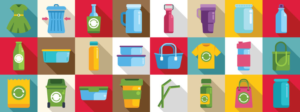 Waste reduction icons set. Various reusable and recyclable items promoting a zero waste lifestyle