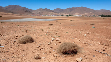 Arid landscape dry cracked earth tumbleweed distant village brown mountains clear blue sky hot barren desolate