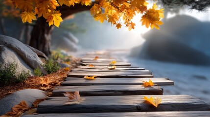 Autumn leaves falling on wooden pathway tranquil riverbank nature scene serene environment peaceful viewpoint seasonal concept
