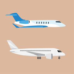 Private Jet and Commercial Airplane: A side-by-side comparison of a sleek private jet and a larger commercial airplane, showcasing the contrast in size and design. Ideal for travel, aviation.