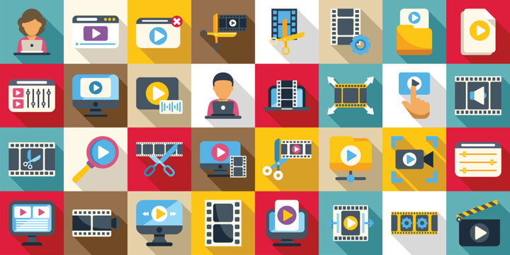 Video editor icons set. Video editing software and multimedia production icons showing post production process