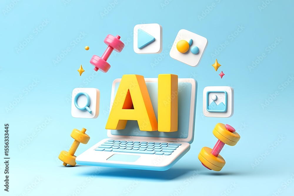 Fototapete ai concept a yellow ai text on a laptop surrounded by fitness and media icons in a 3d rendering agai
