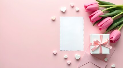 Romantic Pink Valentines Day Flat Lay with Tulips Gift Card and Heart Candies