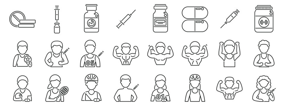 Steroid addiction icons set. Line icons depicting athletes injecting doping substances, flexing muscles, and various ped products like pills and injections