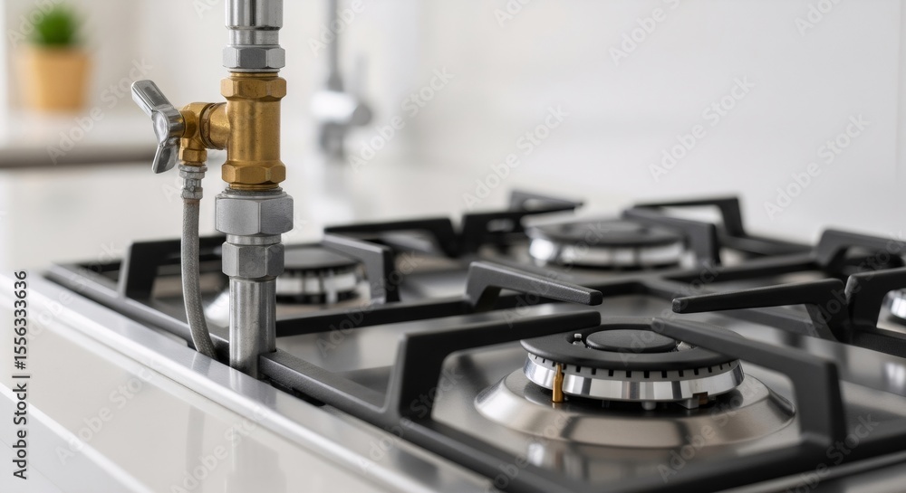 Poster close up of a gas hob with pipe connection in a kitchen. gas installation and gas consumption concep