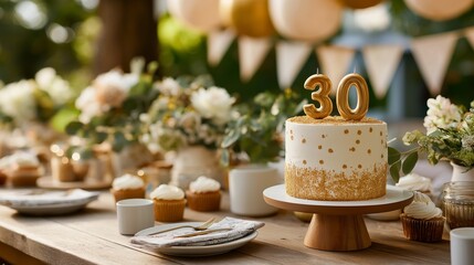 Elegant 30th birthday cake at a garden party.  Gold accents and cupcakes complete the scene.