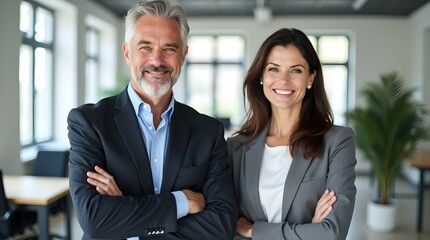 Confident Business Team Mature Man and Woman in Modern Office Environment Smiling and Posing with Arms Crossed