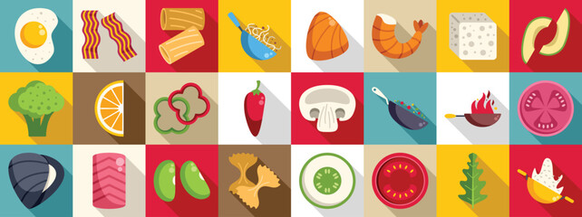 Flying asian food icons set. Flat design icons showcasing a variety of food items, from fresh produce to cooked dishes, creating a vibrant culinary scene