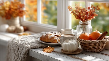Cozy autumn morning coffee and pastries home kitchen food photography warm atmosphere close-up seasonal delight