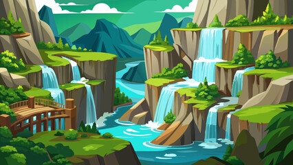 Crystal-clear waterfalls cascade down limestone cliffs into emerald lakes. Narrow wooden paths wind through lush green forests, as if leading into an enchanted world.