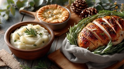 Delicious holiday feast roast chicken creamy mashed potatoes and pie cozy kitchen food styling warm atmosphere