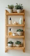 Fototapeta premium Wooden shelf with plants and toiletries