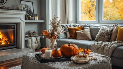 Cozy living room decorated with pumpkins, autumn leaves, warm textiles, and seasonal home decor creating a fall atmosphere - Powered by Adobe