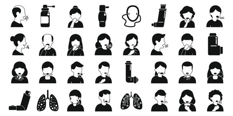 Asthma symptoms icons set. Collection of monochrome icons representing people coughing, sneezing, and experiencing respiratory issues, along with inhalers, nebulizers, and lungs