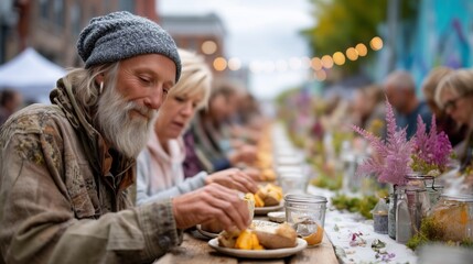 Community dining event urban street food gathering vibrant atmosphere close-up view connection and sharing