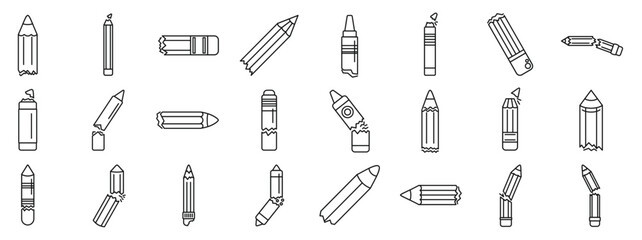 Broken pencil icons set. Set of broken pencils and crayons, illustrating various states of damage and wear