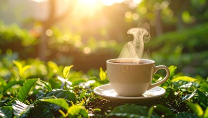 Warm cup of coffee amidst tea leaves