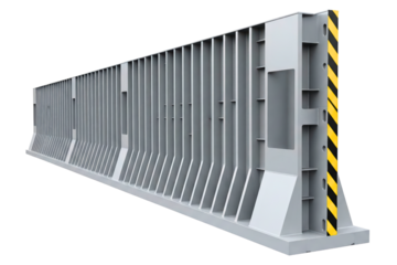 Large gray metal flood defense barrier with warning stripes isolated on a transparent background