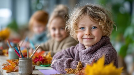 Creative kids crafting with nature classroom photography bright environment close-up view imagination unleashed