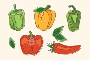Bell peppers collection — whole, half, sliced and with leaves, red yellow green vegetables in flat cartoon style, on pastel background