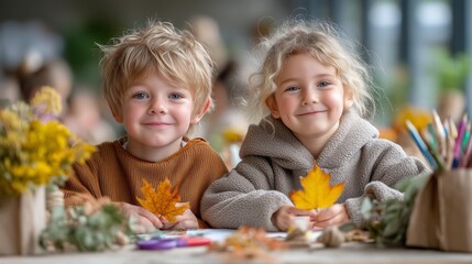 Joyful kids engaging in creative fall crafts classroom setting photography bright environment close-up view imagination unleashed