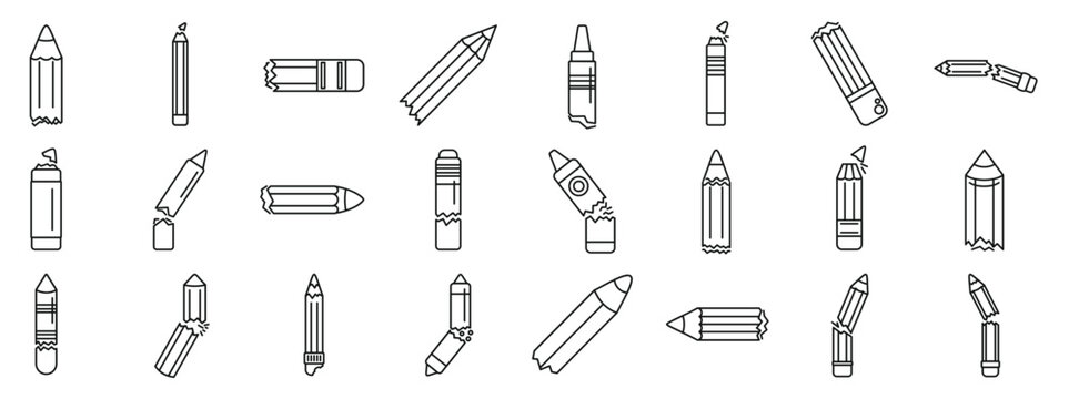 Broken pencil icons set. Set of broken pencils and crayons, illustrating various states of damage and wear