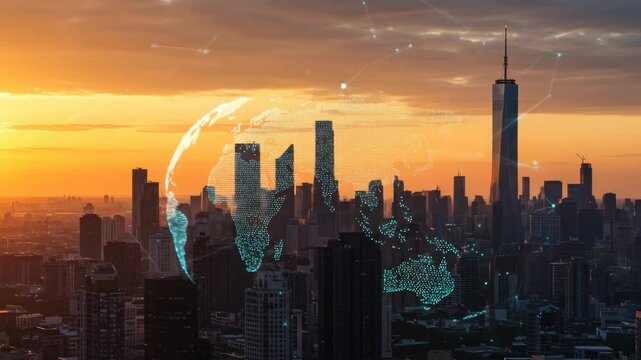 Global Network Cityscape Sunset - A stunning sunset cityscape with a superimposed world map illustrating global connectivity and the interconnectedness of modern urban centers.